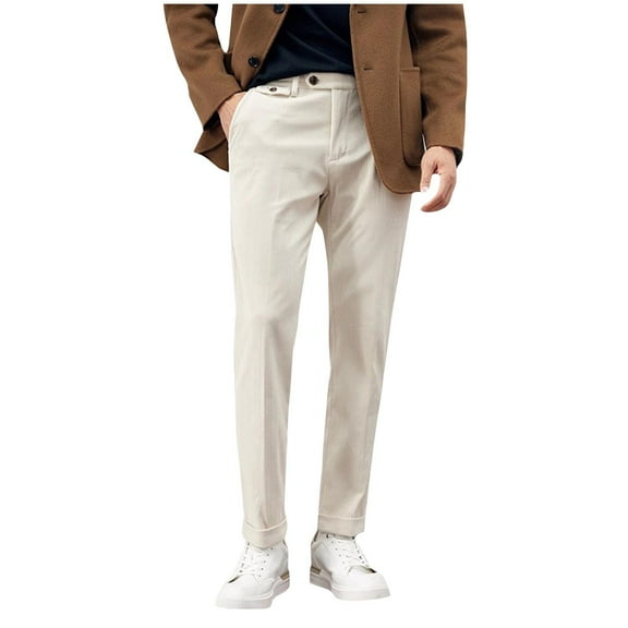 YLSDY Men Straight Fit Trousers Corduroy Vintage Wool Tweed Pants Herringbone Slim Fit Belted Pleat-Front Pant Beige 16