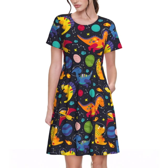 Bixox Robe d'Été à Manches Courtes pour Femmes Robe Ample Longueur Genou avec Poches-Dinosaures dans l'Espace