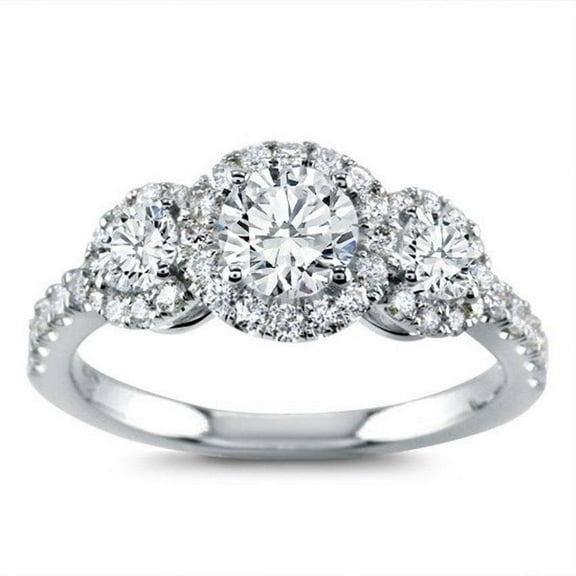 2.50 Cts Three Rounds Moissanite Solitaire Halo Engagement Ring, 18K White Gold Plated Ring /925 Sterling Silver Ring