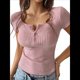 thumbnail image 3 of Camisetas de Verano de Corta con Cuello en V para Mujer, Blusa Informal de Punto Henley con Botones Rosa M, 3 of 8