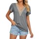 thumbnail image 1 of Camiseta de mujer con cuello en V y encaje hueco - Manga corta, corte holgado, color liso - Camiseta informal de verano, 1 of 4