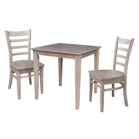 30" x 30" Wood Dining Table and 2 Emily Chairs in Washed Gray Taupe-Set of 3