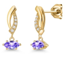 Gem Stone King 10K Yellow Gold Blue Tanzanite and Lab Grown Diamond Stud Dangle Earrings for Women | 0.55 Cttw | Gemstone December Birthstone | Marquise 6X3MM
