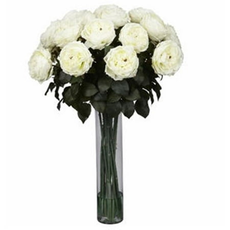 Nearly Natural 1219-WH Fancy Rose Silk Flower Arrangement in White Nearly Natural Fancy Rose Silk Flower Arrangement in White. Ah... the classic rose! No other flower best symbolizes love and romance. Our Fancy Rose Arrangement adds to the timeless classic with a thick  brightly colored collection of forever lasting roses. The message is clear: Love will also last forever. Standing 31 inches high and set in a clear vase with liquid illusion  this time honored classic is perfect for projecting the warmth of true love – anywhere! Dimensions: 31  H x 23  W x 23  D. Pot Size: 4  W x 18  H.- SKU: DSD540679