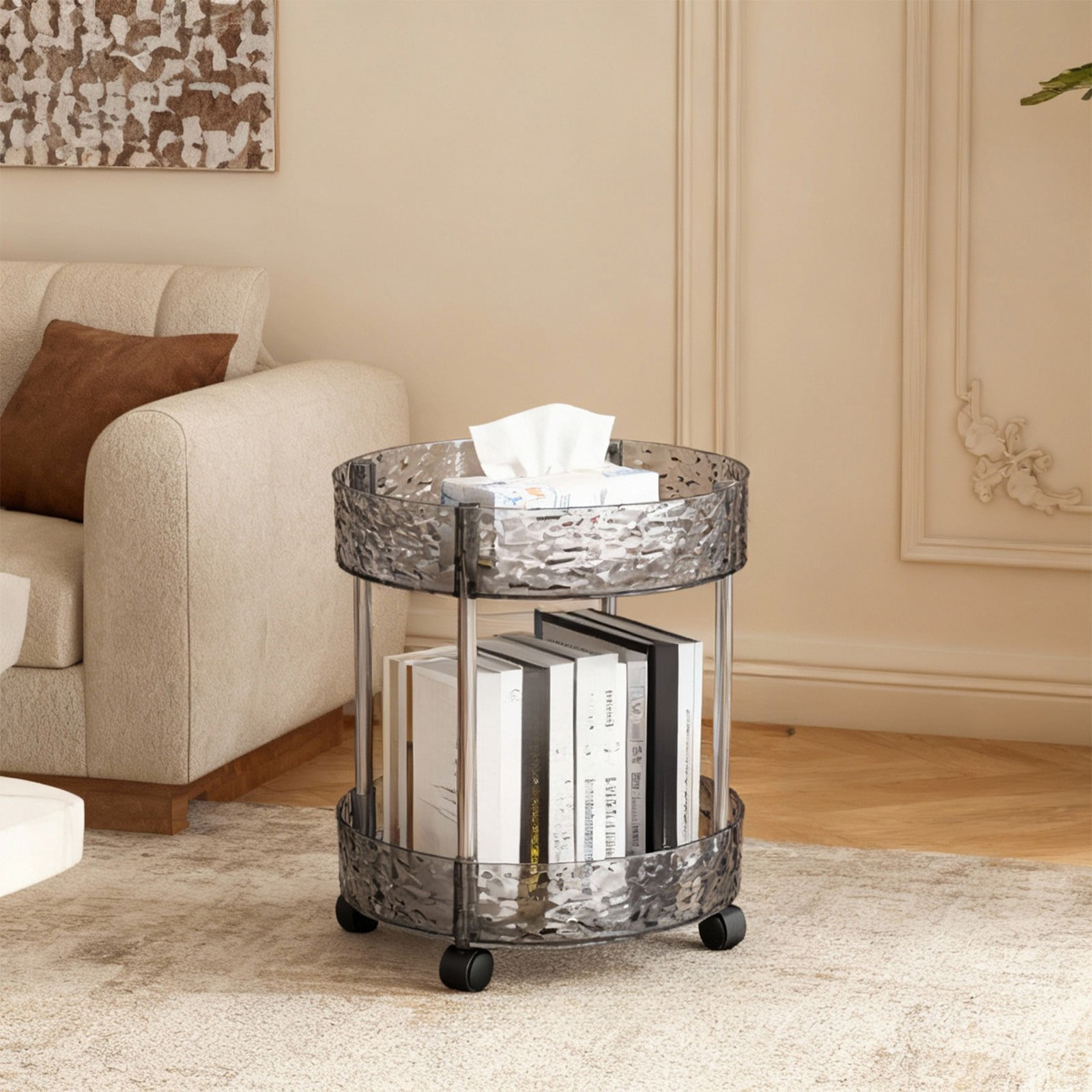 SCNOR Organizing 2 Tier Round Storage Trolley, Clear Plastic Rolling Cart with 4 Smooth Wheels - Easy Assembly Movable Organizer for Kitchen, Bathroom, Living Room, Bedroom Space-Saving