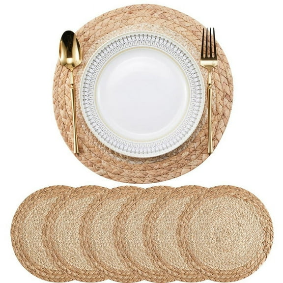 Boho Placemats Set of 6 - Handmade Woven Placemat Water Hyacinth Mats, Round Placemat for Dining Table Kitchen 13 Inch