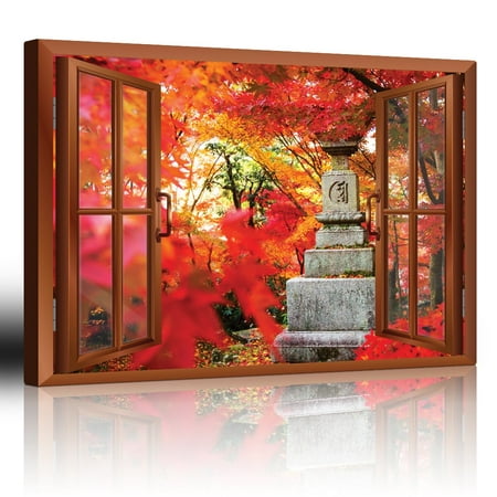 wall26 - Modern Copper Window Looking Out Into a Japanese Statue Surrounded by Red Trees - Canvas Art Home Decor - 24x36