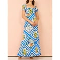 thumbnail image 5 of Women's Printed Square Neck Puff Sleeve Maxi Dress 100% Polyester Zipper Stretch Silhouette Floor Length Everyday, 5 of 7