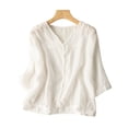 thumbnail image 2 of Women's Vintage Style Relaxed Fit Cotton Linen Blend V-Neck Top with Mid Length Sleeves, Casual Boho Blouse for Spring/Summer White XL, 2 of 4