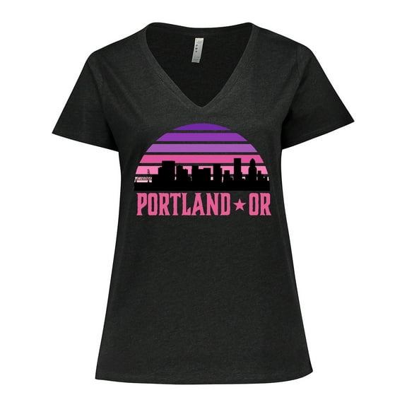 Inktastic Portland Oregon Retro Sunset Skyline Women's Plus Size V-Neck T-Shirt