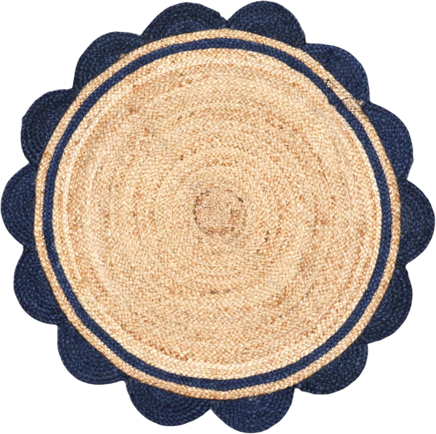 2 Ft Round Navy Blue & Natural Jute Premium Scalloped Jute Rug – Handcrafted Natural Braided Carpet for Living Room, Bedroom, Entryway – Boho Home Decor