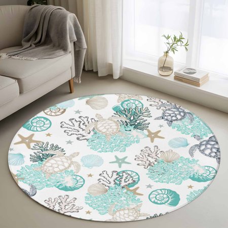Round Rugs 3Ft Coastal Coral Round Area Rug Washable Indoor Throw Carpet Ocean Nautical Turtle Seashells Starfish Small Non Slip Circle Rug for Bedroom Living Room Home Decor Aesthetic