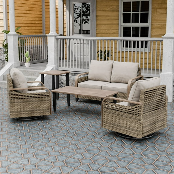 INTER HUT Modern Wicker Patio Furniture Set, Rattan Outdoor Conversation Set with Comfortable Cushions, 2 Swivel Rocing Chairs, 2 SeatLoveseat, Coffee Table and Side Table, 5 Pieces, Brown/Gray