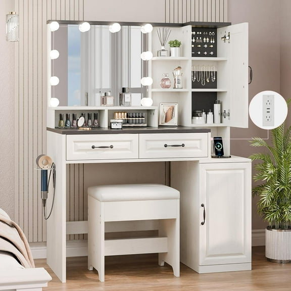 Farmhouse Makeup Vanity with Charging Station, Vanity Desk with Lights Mirror and Drawers, Glass Top Makeup Vanity with Jewelry Cabinet, Hairdryer Holder and Stool for Bedroom, Off White
