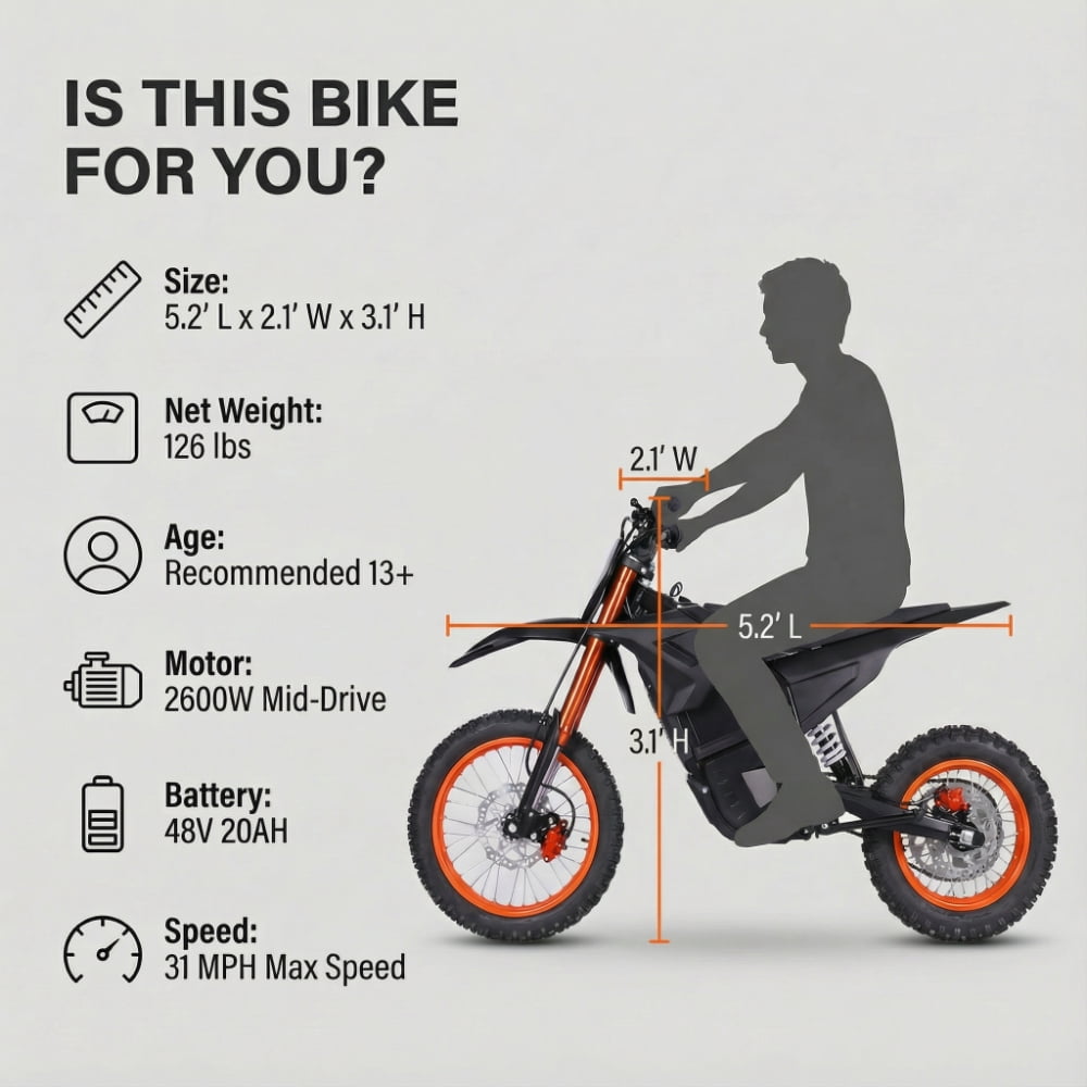 M5 Electric Dirt Bike 2000W 48V 20Ah 31 mph Off-Road 1-Seater E-Bike for Teens