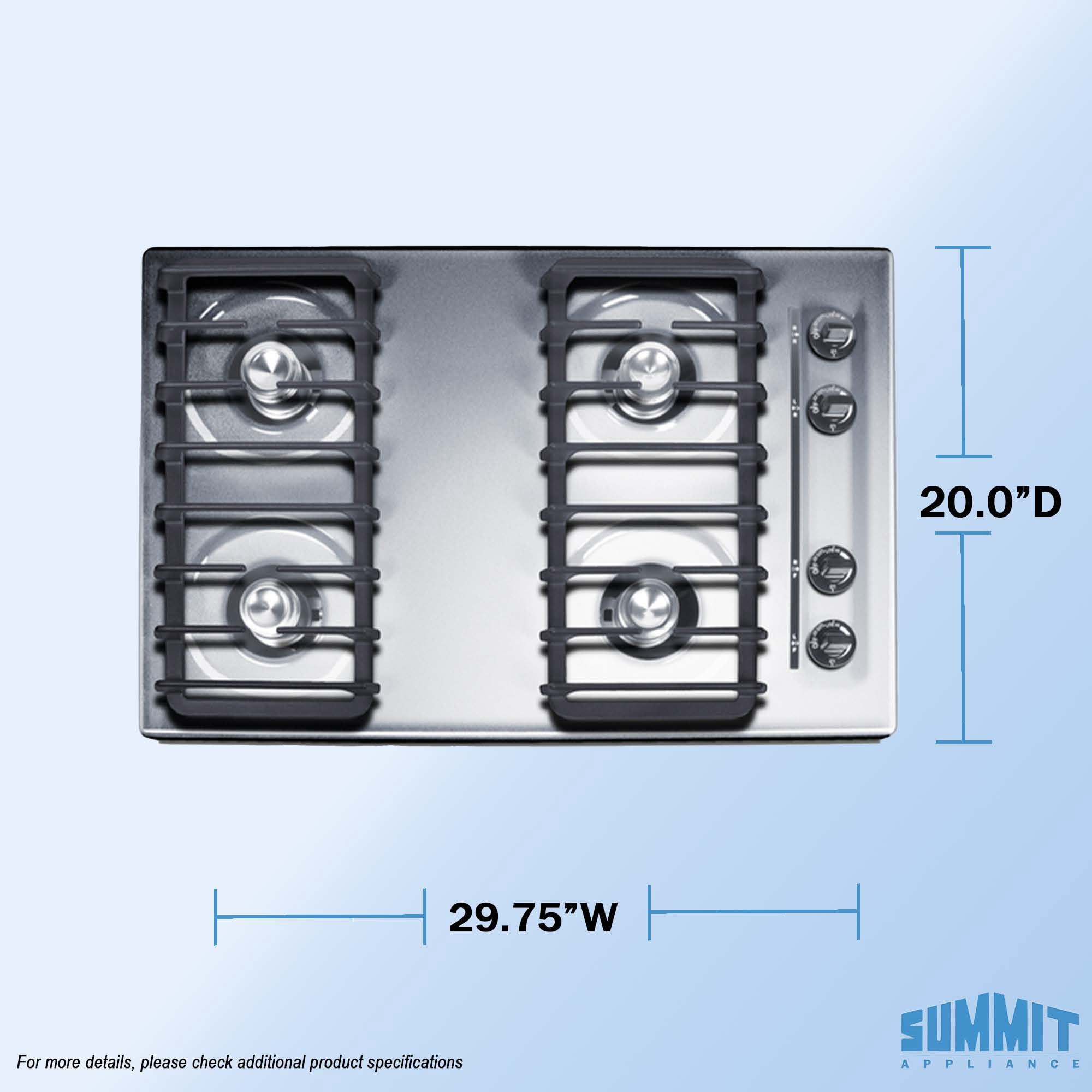 Summit 30" Gas Cooktop, 4-Burner, Electric Ignition, 115V, Stainless Steel - ZNL053I