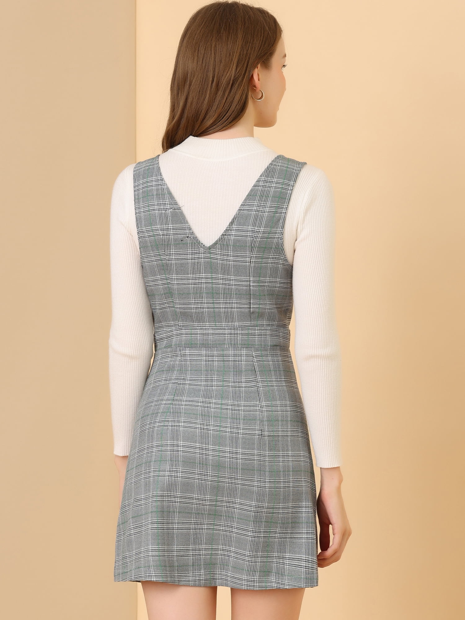 DARING DIVA Houndstooth Plaid Suspenders Pinafore Overall Dress XL Black Green