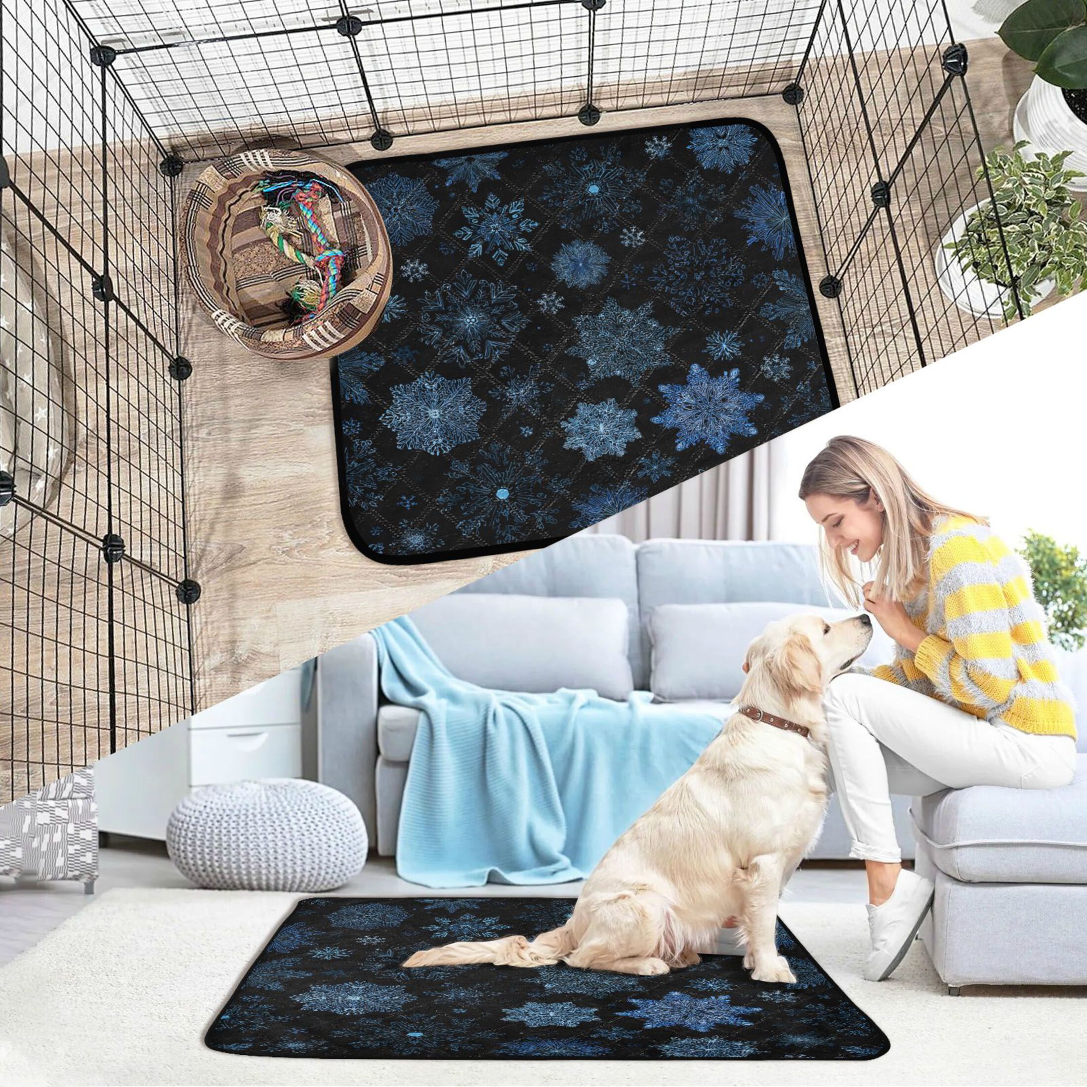 Qxltty Blue Snowflake Cat litter Pads Pet Set of 2 Diaper Mats Center Anti-leakage Layer Absorbent Soft and Comfortable