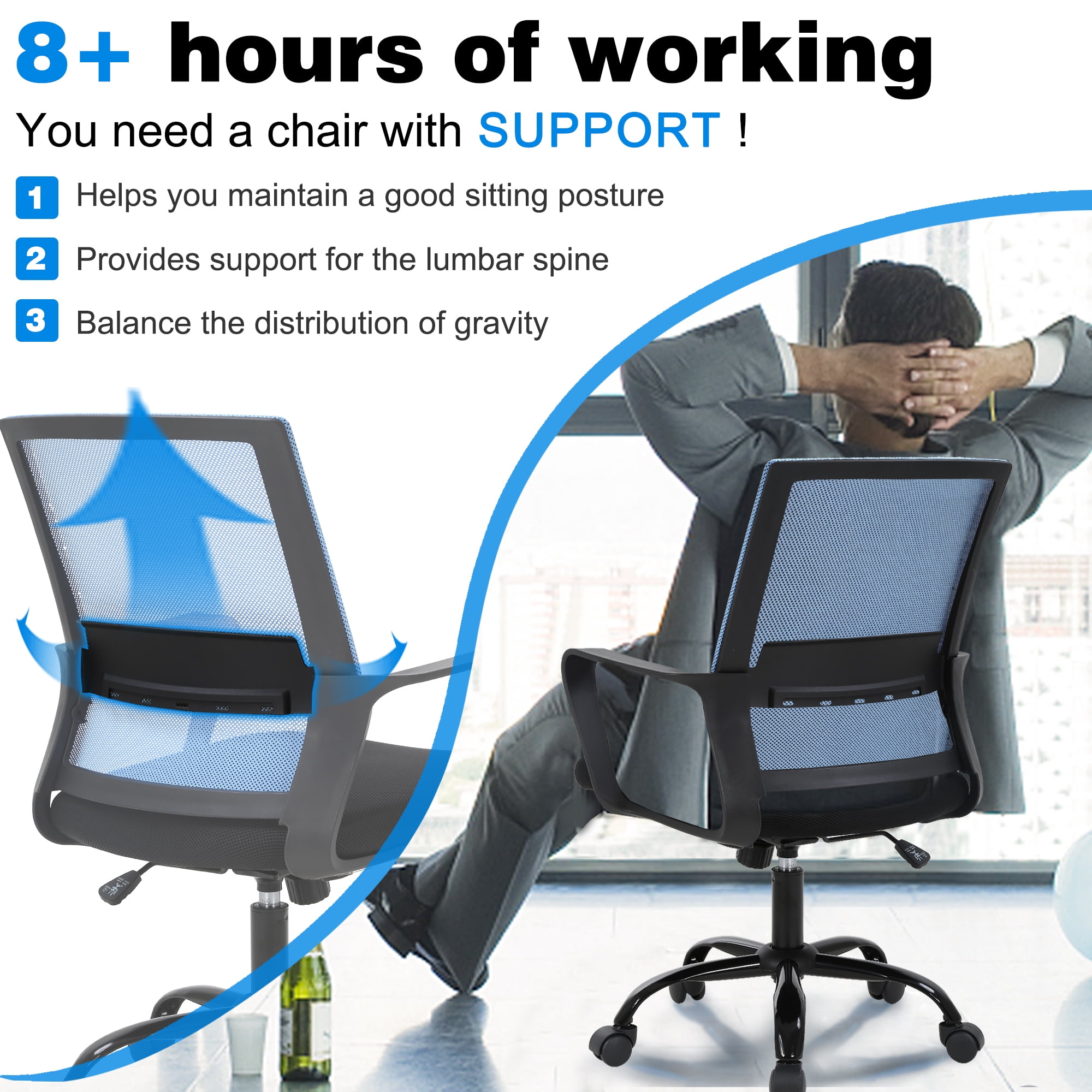 BestOffice Ergonomic Office Chair, Lumbar Support, Swivel Rolling for Men, Women(Blue)