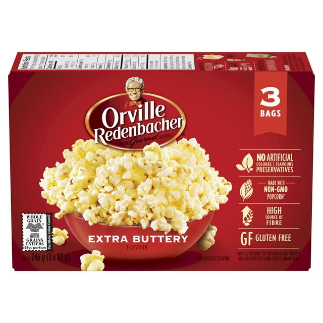 Orville Redenbacher Extra Buttery Microwave Popcorn, 100% Whole Grain Popcorn, Non‑GMO Popcorn, Gluten Free, High Source of Fibre, 246g (3 x 82 g)