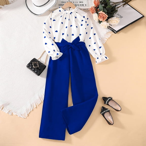 Angala 2 Piece Outfits For Girls Crew Neck Long Sleeve Love Heart Print Top With Wide Leg Pants Set Girls Autumn Daily Wear Clothes