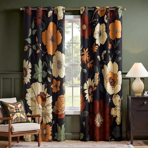 2pcs 52"x63" Black Boho Floral Blackout Curtains | Room darkening, Vintage, living room, bedroom, privacy, floral print, flower pattern, fall decor, window treatments
