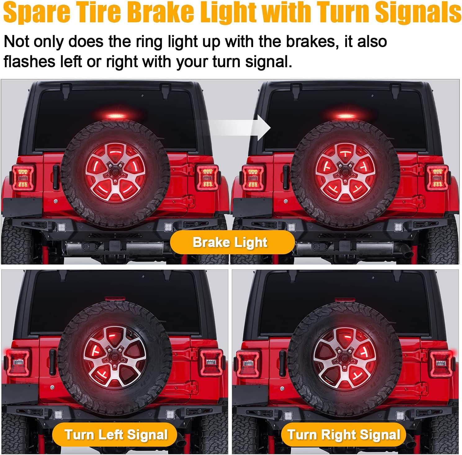 Spare Tire Brake Light with Turn Signal for 2007-2018 Jeep Wrangler JK YJ TJ  & 2018-2021 Jeep Wrangler JL, 3rd Third Brake Light LED Ring Rear Wheel  Light 