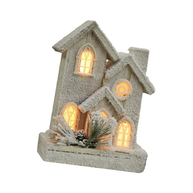 Casa de nieve navideña, cabaña de madera luminosa con luz cálida, adorno navideño, figura de casa de madera, escena