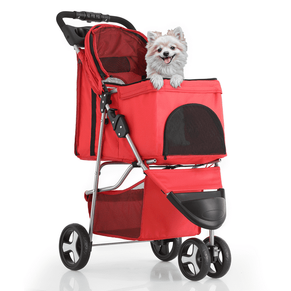 TYUIOP Cat Dog Stroller - 3-Wheels for Medium/Puppy Dogs, Cats - Foldable with Storage Basket and Cup Holder, Red