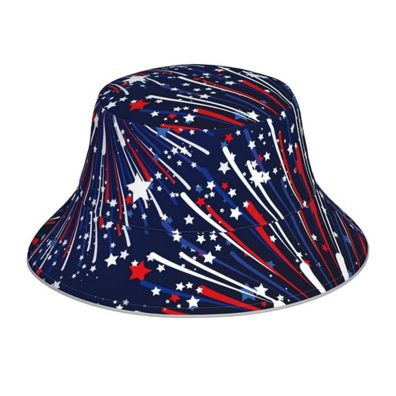 Vsdgher Red White Blue Fireworks 1 Print Bucket Hat for Men&Women Bucket Hat Reversible Summer Double-Side-Wear Travel Gardening, Beach, Camping, Hiking, Fishing Cap