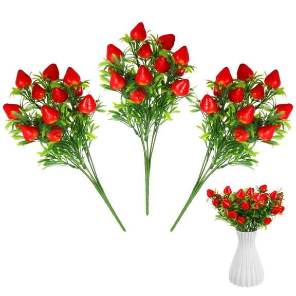 UEETEK 3Pcs Artificial Strawberry Branch Bouquet Red PVC Fake Strawberry Decor for Festival