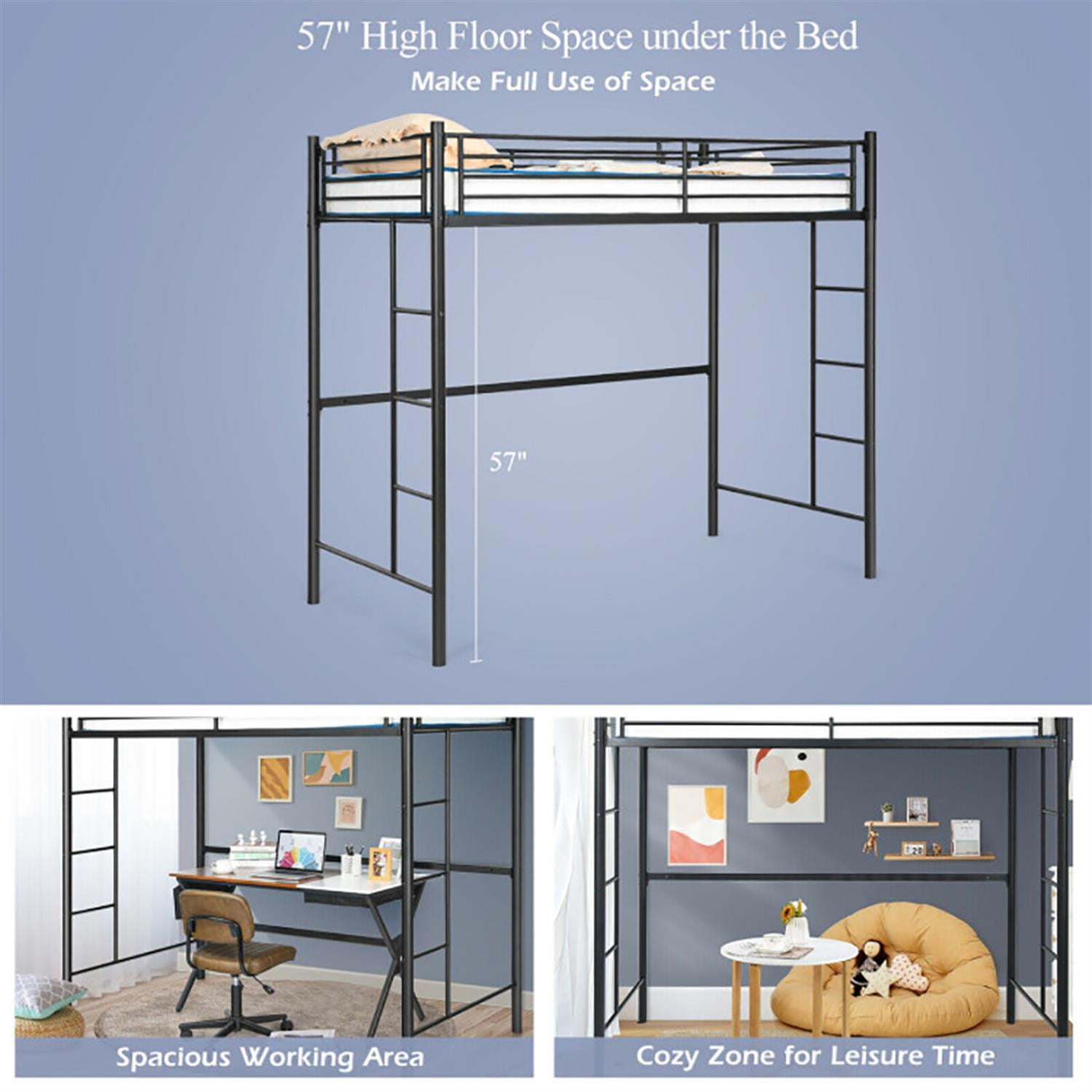 Demi Bonn Metal Twin Loft Bed Frame with 2 Ladders Full-length Guardrail for Teens, Black