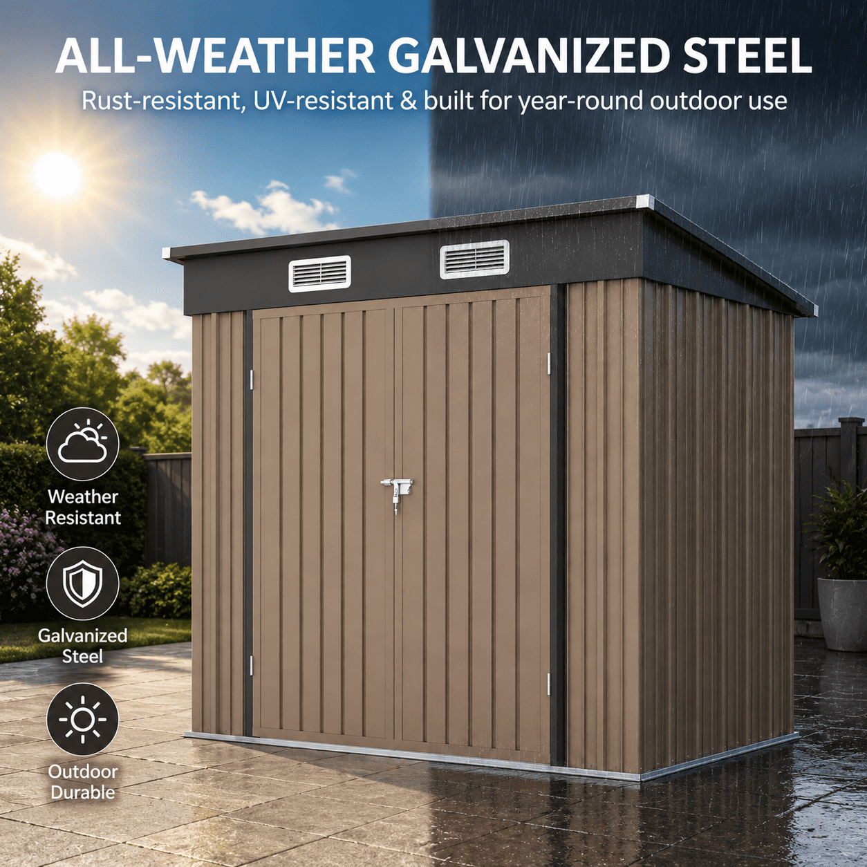 6x4ft Shed Outdoor Storage, All-weather Metal Garden Shed W/Floor, Galvanized Steel Tool Storage Shed, Double Lockable Doors, Brown
