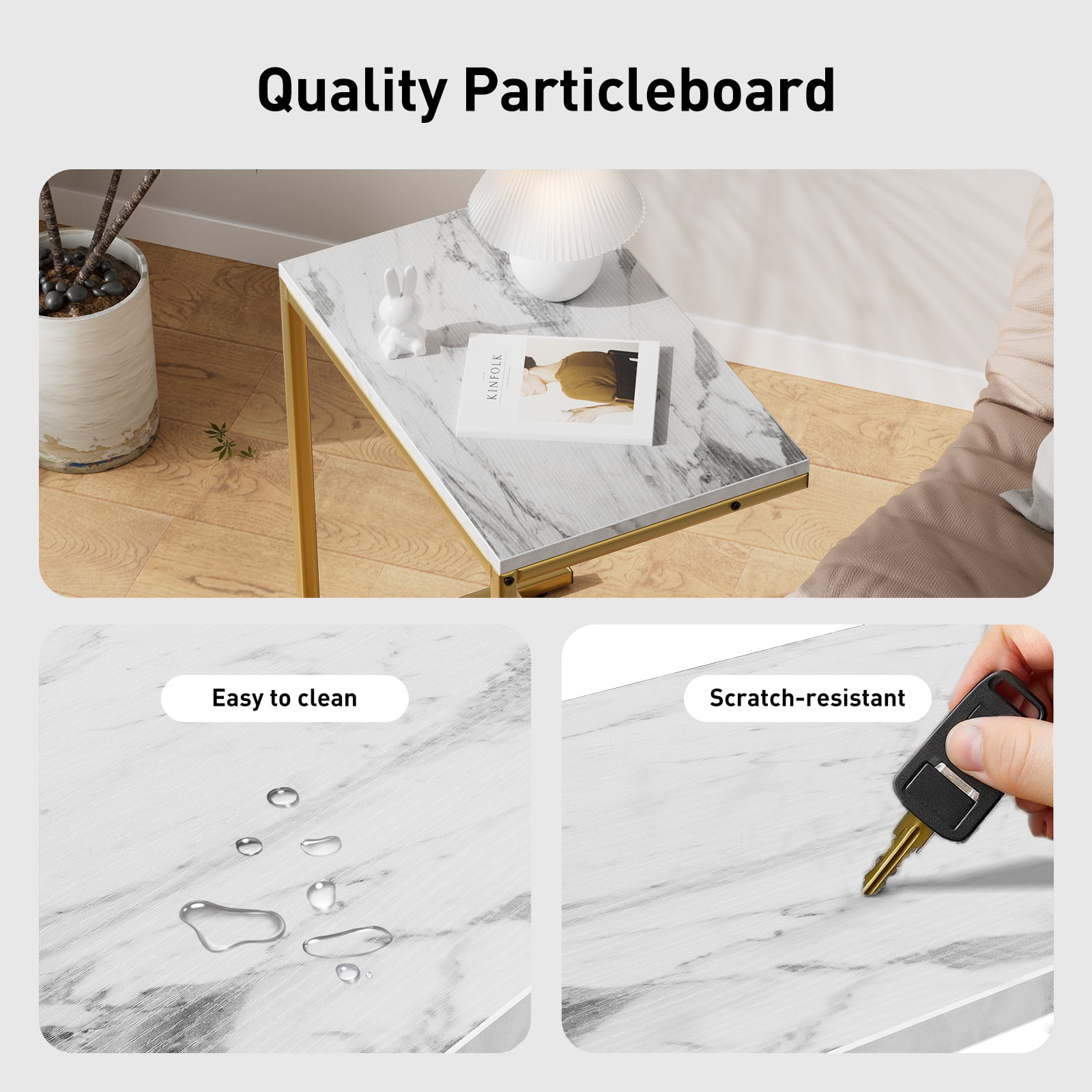 CHITOOMA C Shaped End Table, Adjustable Side Table, Marble Finish