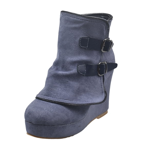 YLYL Women's Suede Ankle Booties Metal Buckle Round Toe Platform Wedge High Heel Side Zipper Dress Boots