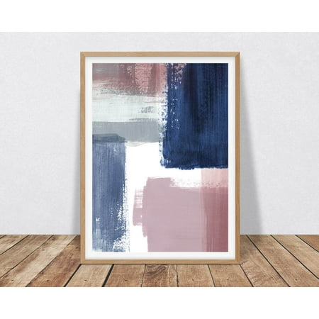 Abstract Featuring Pink And Navy Blue Brush Strokes, Abstract Art, Navy, Pink And Grey Contemporary Wall Art Home Decor #3717, Unframed Poster Size 8x12