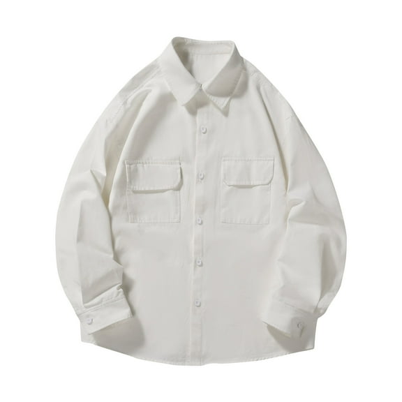 UAMVSH Men's Oversized Dress Shirts Plus Size Button down Long Sleeve T-Shirts Casual Baggy Collared V-Neck Tops with Chest Pockets(X-Large,White)