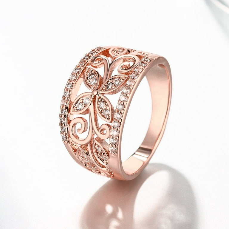 Rose Gold Plated Wide Hollow Flower Butterfly Ring Wedding Band
