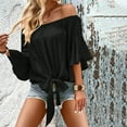 thumbnail image 4 of BLVB Off the Shoulder Tops Women Summer 3/4 Bell Sleeve Tie Knot Boho Shirt Blouses Beach Vacation Clothes, 4 of 4