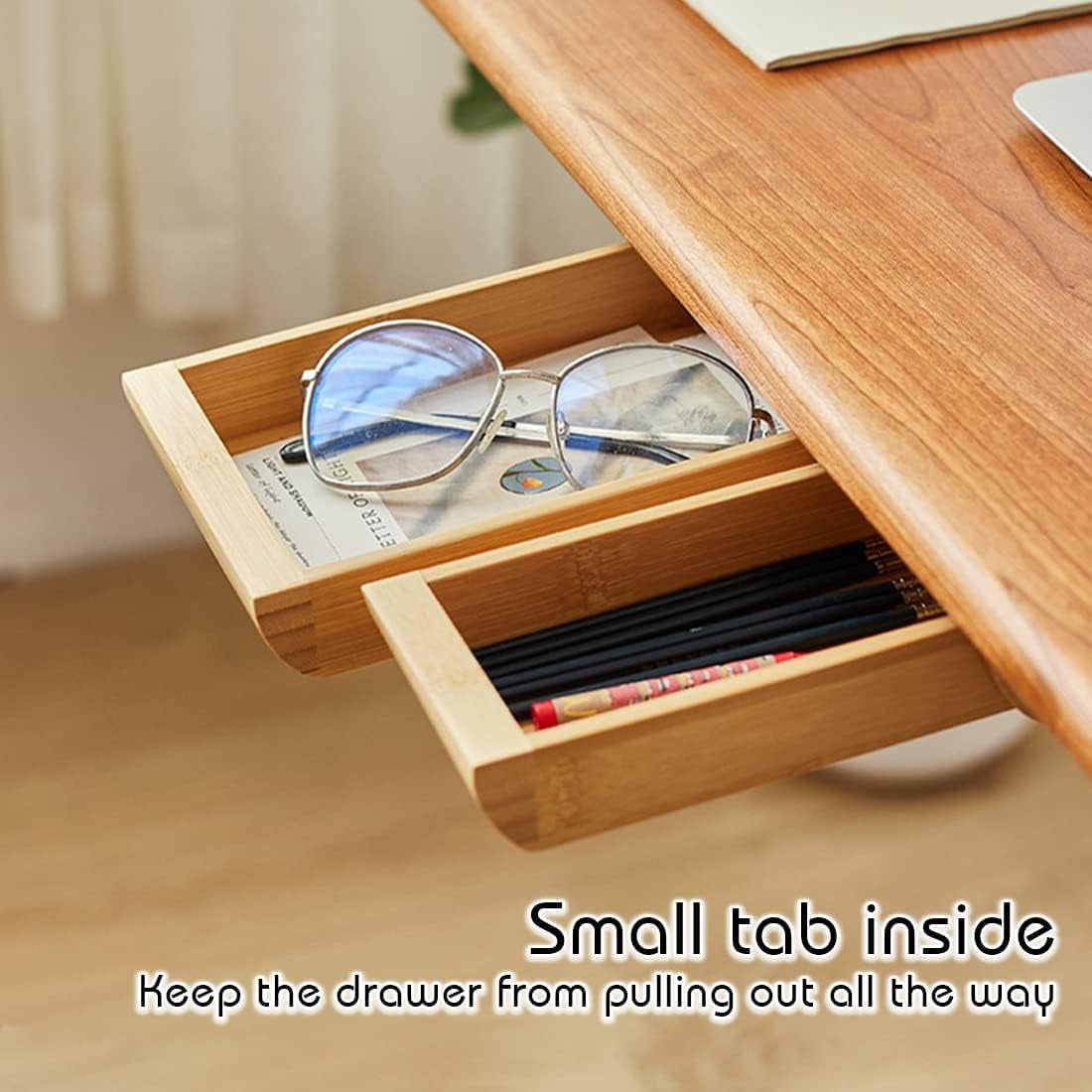 Under Desk Drawer Wood, Self-Adhesive Hidden Drawer Organizer Slide Out, Easy Installation Handmade Under Table Storage, Attachable Pencil Phone Holder For Office Home (Bamboo Medium)