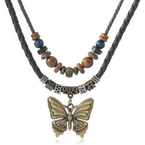 XBage Braided Women Leather Boho Hipppie Double Layered Wooden Bead Necklace Metal Butterfly Pendant Vintage Tribal Stylish And Niche Design[o3584]