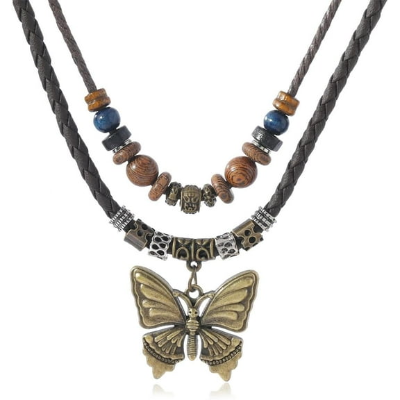 XBage Braided Women Leather Boho Hipppie Double Layered Wooden Bead Necklace Metal Butterfly Pendant Vintage Tribal Stylish And Niche Design[o3584]