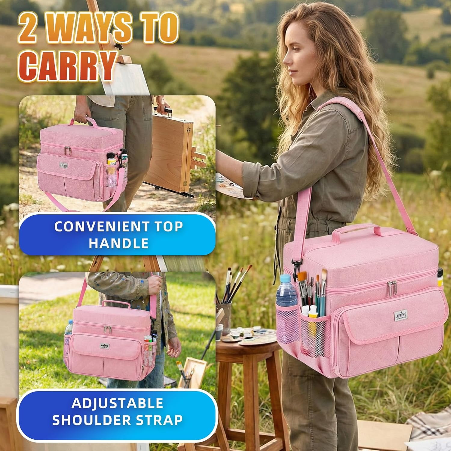 LAVFOX Adjustable Paint Storage Bag, Portable Art Supplies Organizer Tote with 12 Brush Slots for Multi-Size Acrylic Bottles and Craft Accessories, Blush Pink