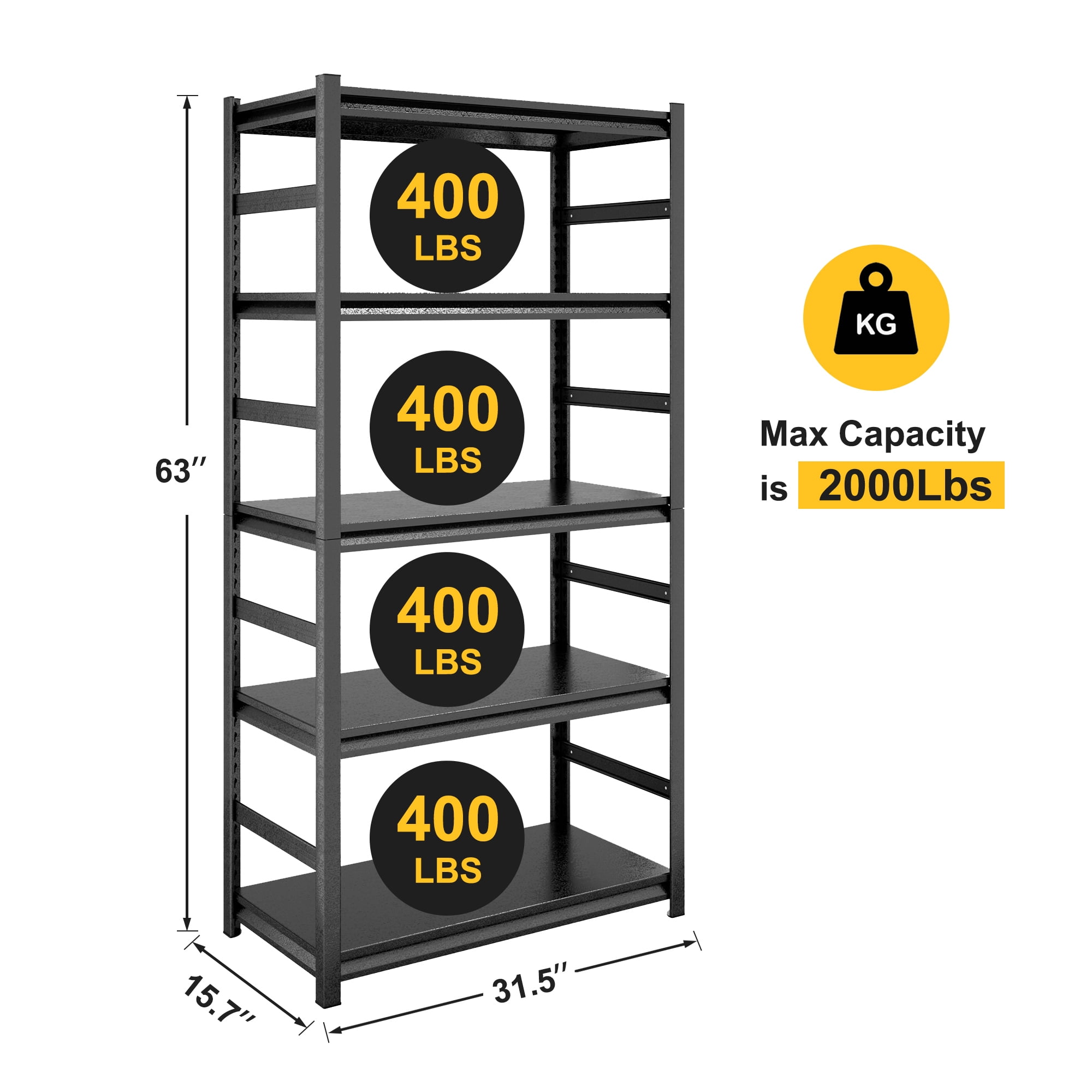 Alvantor 5-Tier Heavy Duty Steel Shelving Unit Storage Rack 2000LBS Capacity Garage Shelves Adjustable Storage Shelf with Rails for Garage Pantry Office 36"W x 16"D x 72"H Black