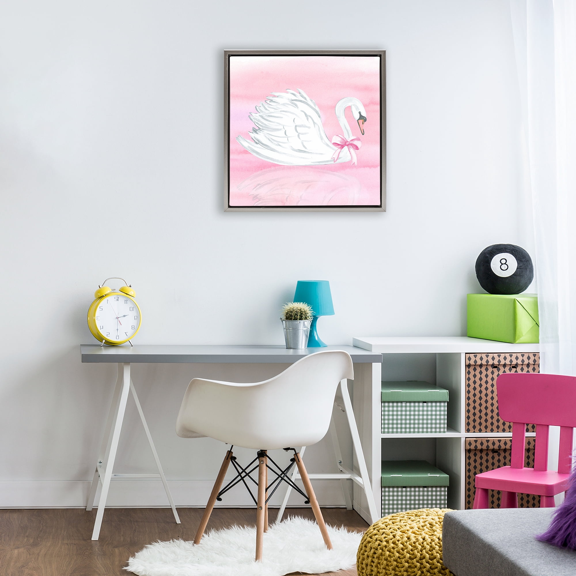 Stupell Industries Pink Bow Swan Gray Framed Floater Canvas Wall Art, design by Corinne Haig