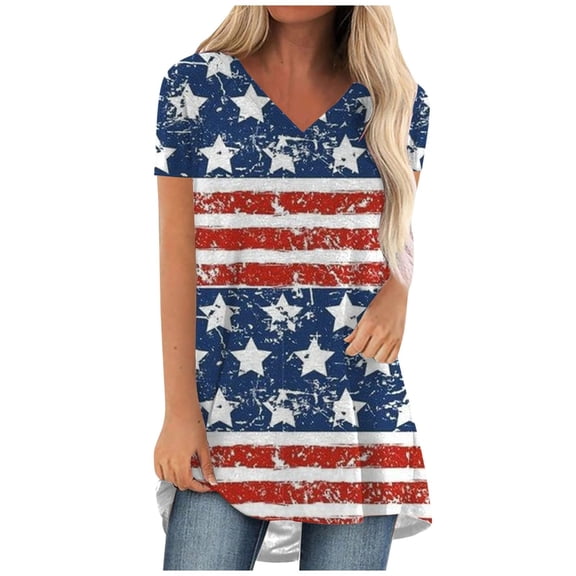 USSUMA Short Sleeve Womens Blouses and Tops Dressy 4th of July American Flag Plus Womens Tops Casual Patriotic Flowy Long T-Shirts Shirt for Women Trendy V Neck Tunic Plus Size