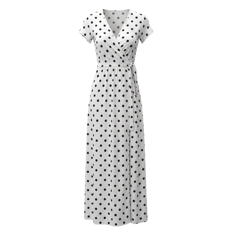 Women's Boho Floral Maxi Dress Summer Short Sleeve Wrap V Neck Long Flowy Beach Vacation Wedding Guest Dresses White XXS
