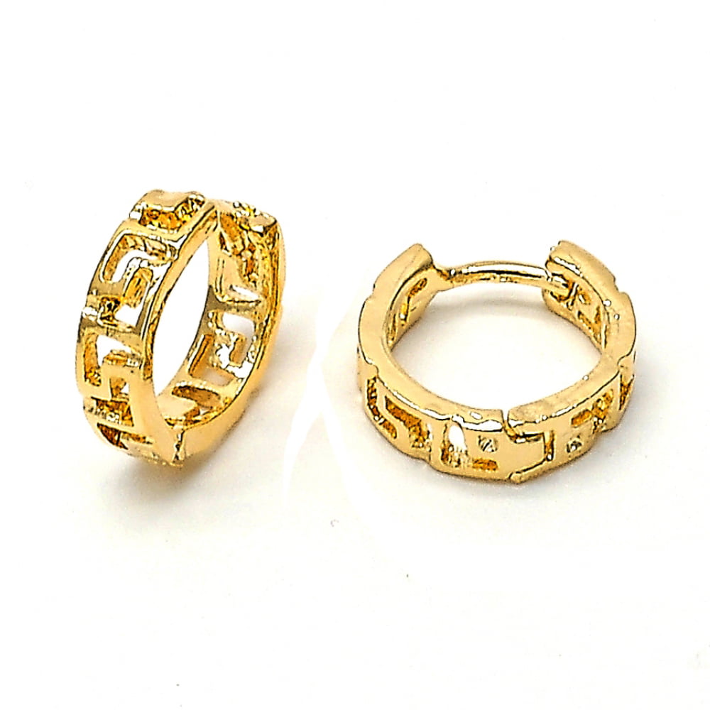 Gold-Tone Men or Woman  Oval Greek Key Design and Polished Finish Huggie Hoop Earrings (14mm x 5mm)