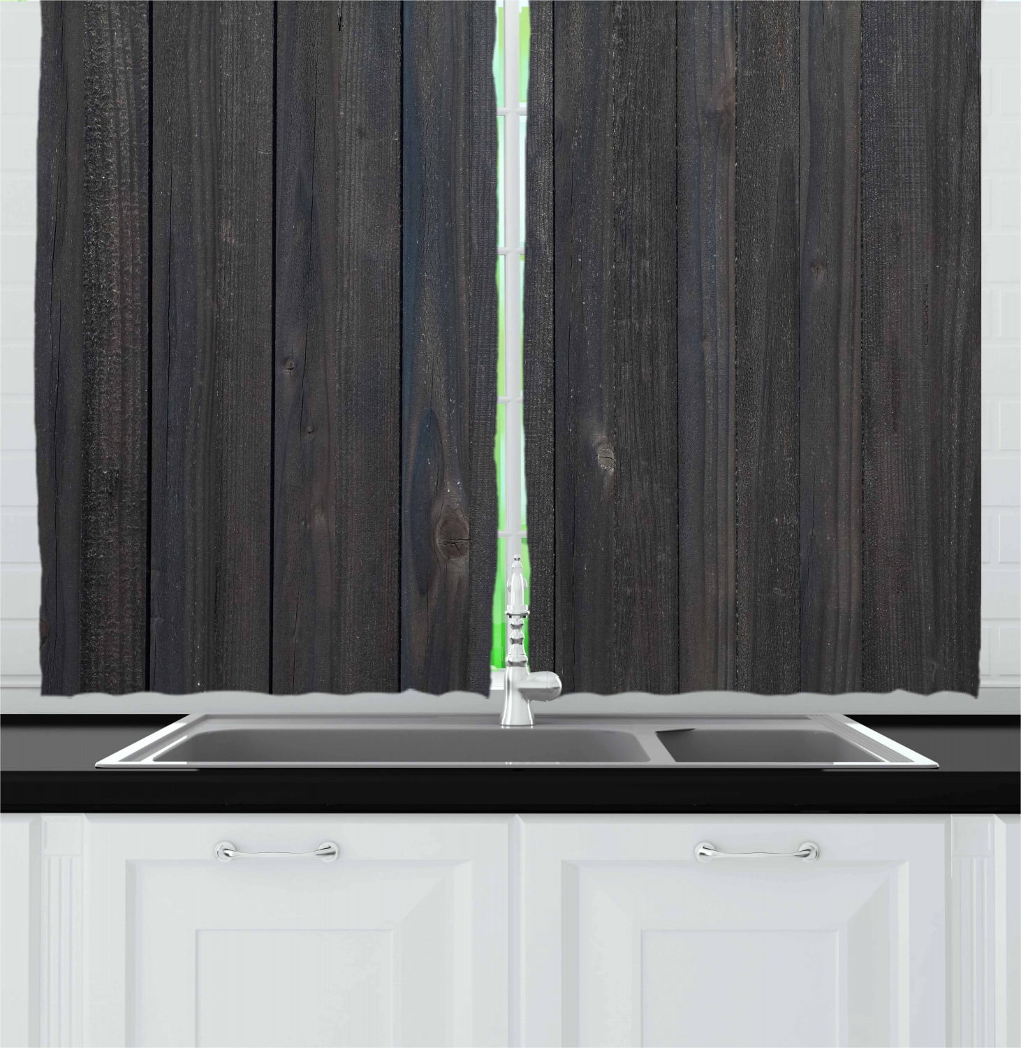 Dark Grey Curtains 2 Panels Set Wood Fence Texture Image Rough