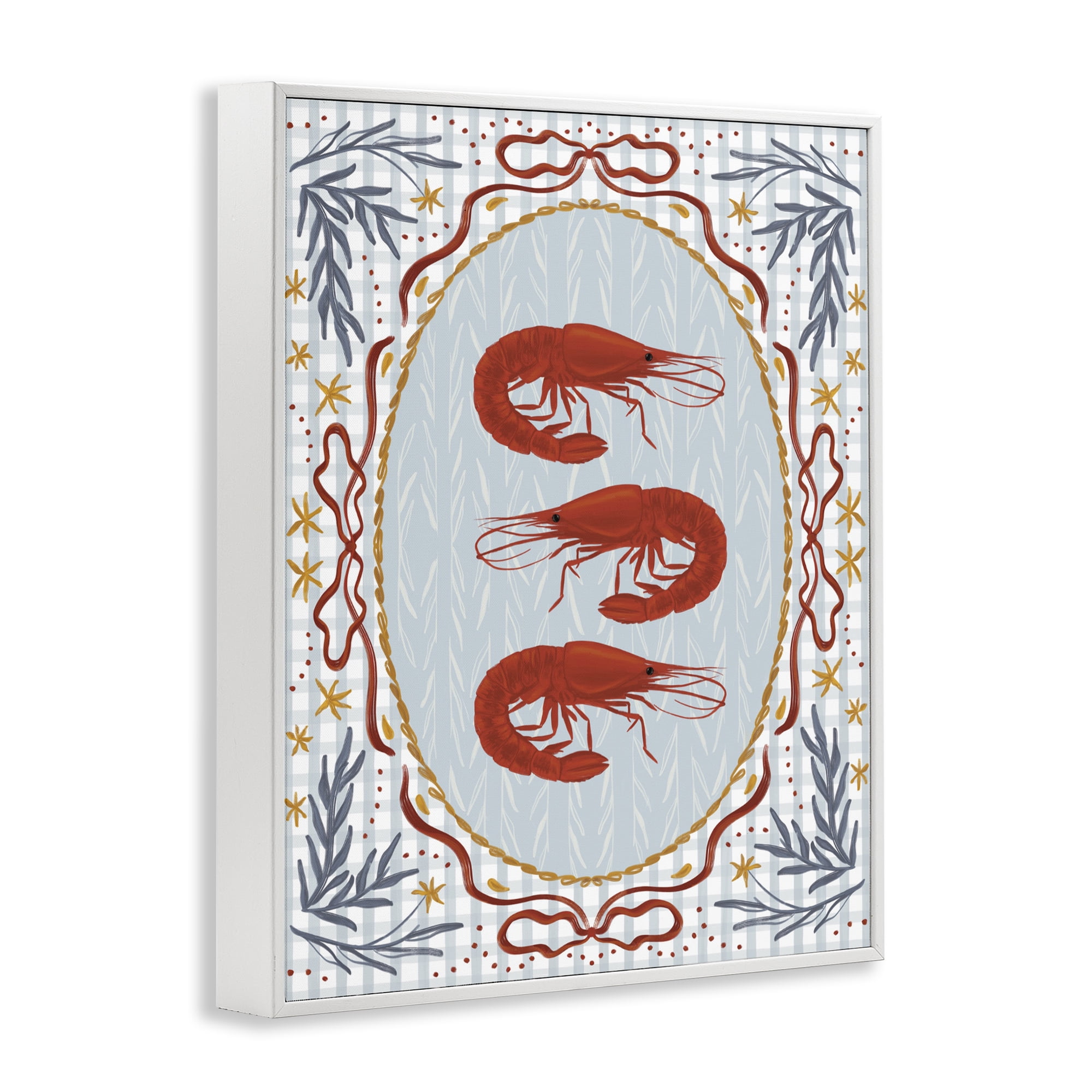 Stupell Industries Three Red Prawns on Gingham White Framed Giclee Art, design by Vero Illustrates